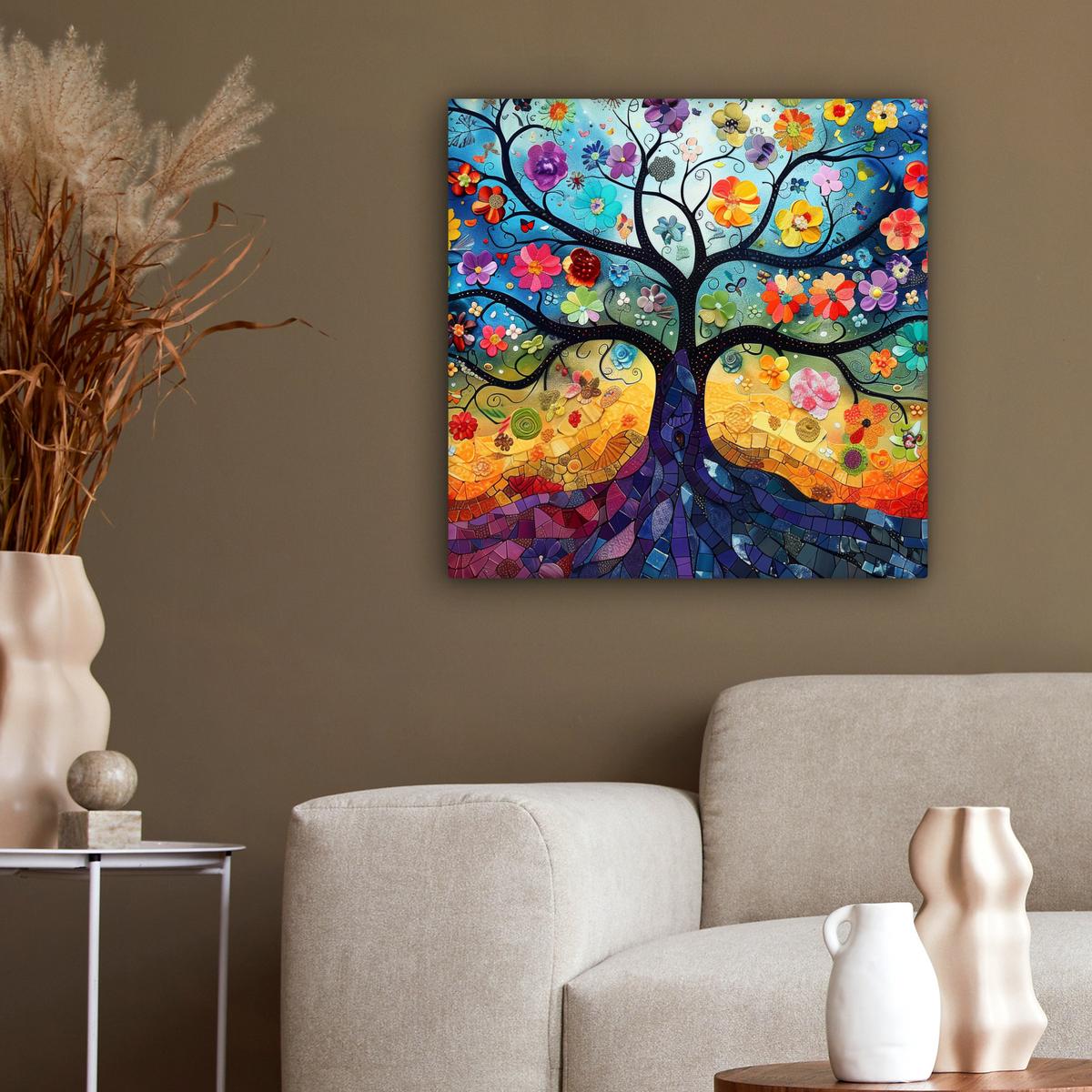 LEINWANDBILD Kunst - Baum des Lebens - Blumen - Hippie Wandbild Wohnzimmer 50x50 cm - Dunkelblau, Textil (50/50cm) - MuchoWow
