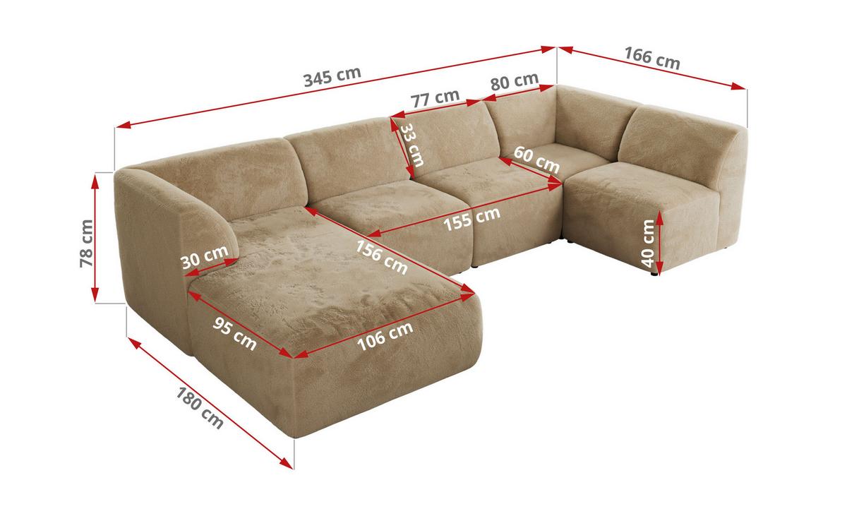 WOHNLANDSCHAFT MODARO U 5M - Beige Plüsch - Rechts - Beige/Schwarz, Textil (345/78/180cm) - MKS