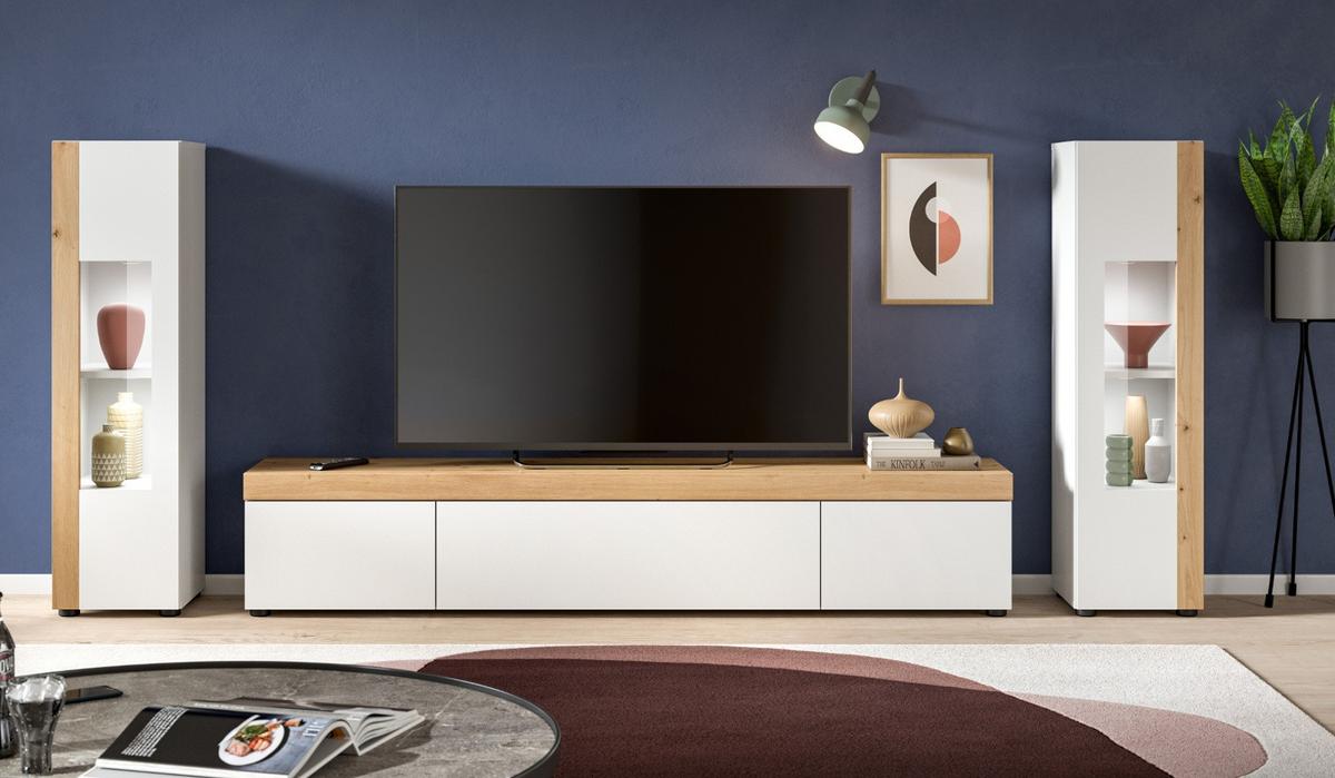 WOHNWAND 3-teilig weiß und Eiche 270 cm, Schrankwand stehend/hängend - Schwarz/Weiß, Glas/Holzwerkstoff (270/181/33cm) - Inn.Furn