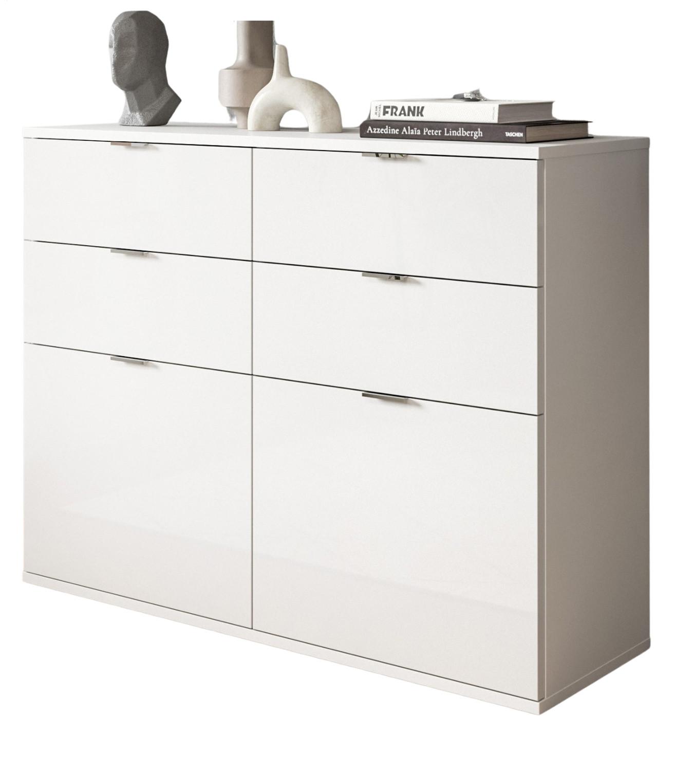 KOMMODE weiß Hochglanz 110 cm, Schuhschrank mit 4 Vollauszug Schubkästen und 4 Fächern - Chromfarben/Weiß Hochglanz, Holzwerkstoff/Kunststoff (110/85/37cm) - Inn.Furn