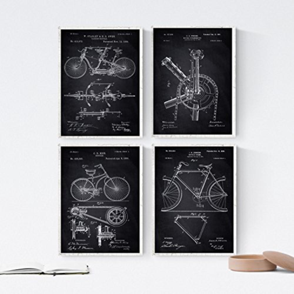 POSTER Set mit 4 Schwarz Fahrrad Patent Jahrgang Stil A4 Schwarzer Rahmen - Schwarz, Papier (29.7/3cm) - Nacnic