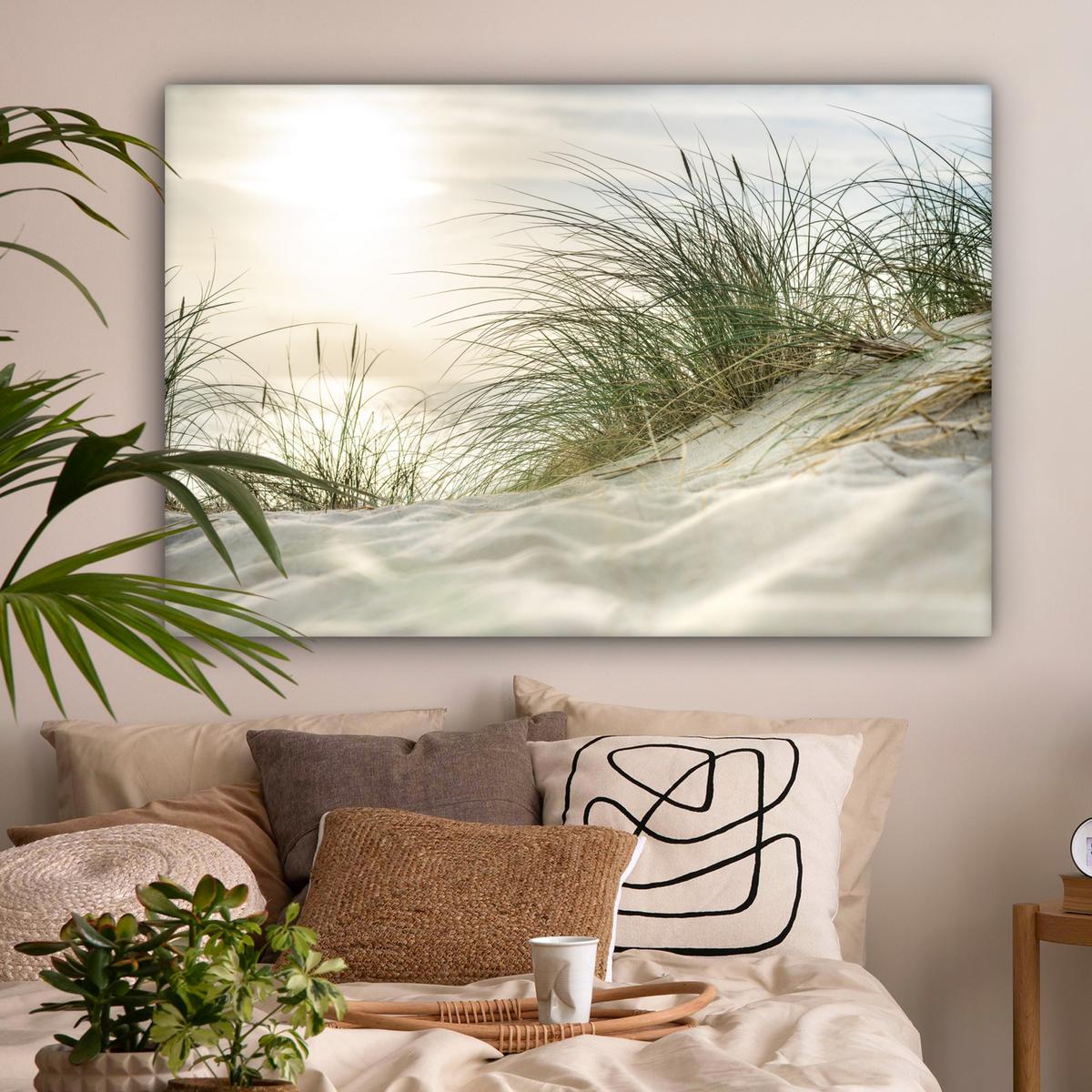 LEINWANDBILD Dünen mit Strandhafer in der Sonne des Nationalparks Schleswig-Holsteinisches Wattenmeer Wohnzimmer Groß 120x80 cm - Creme, Textil (120/80cm) - MuchoWow