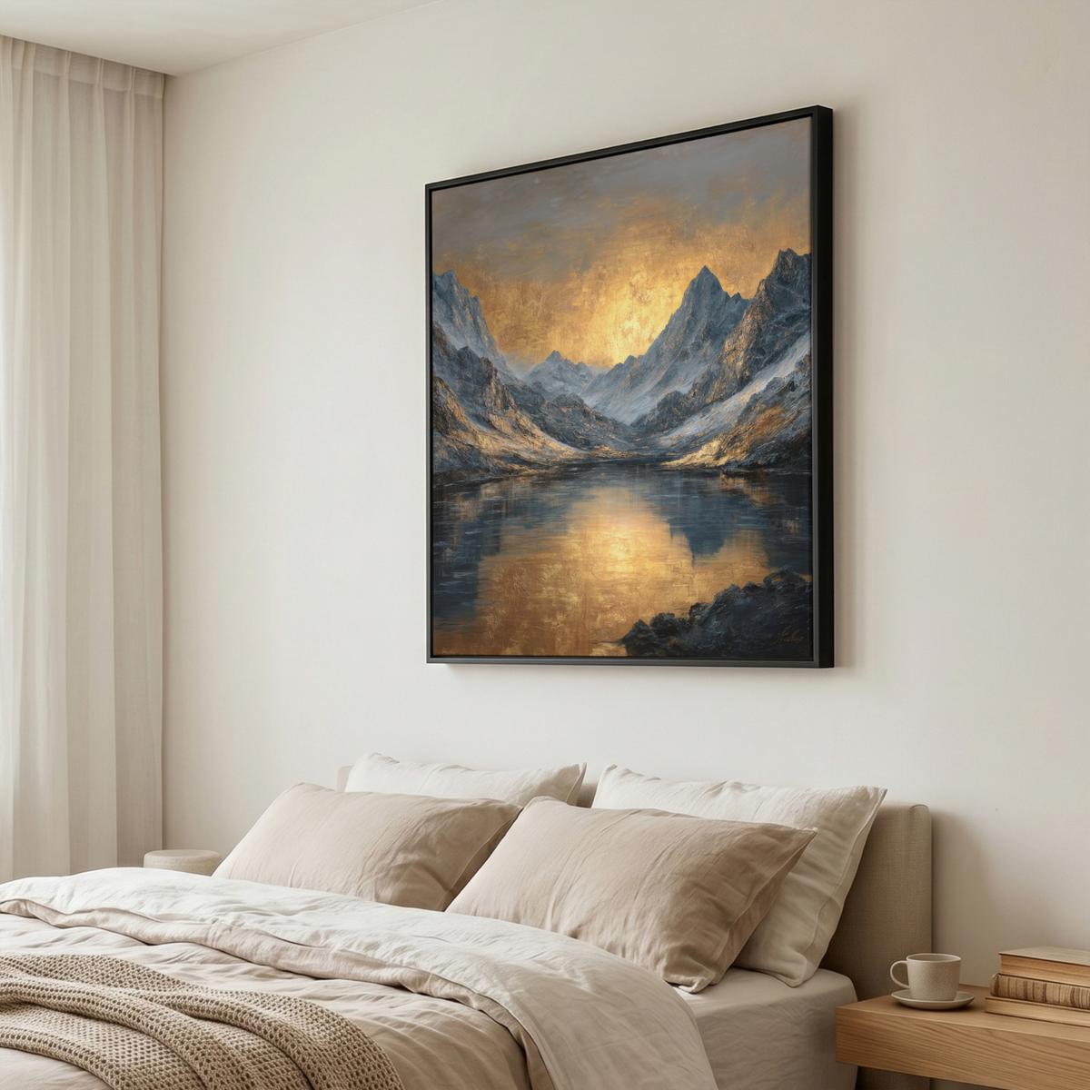 LEINWAND Bilder mit Rahmen - Bergkulisse mit goldenem Sonnenuntergang - 90x90 - Goldfarben, Textil (90/90cm) - MuchoWow