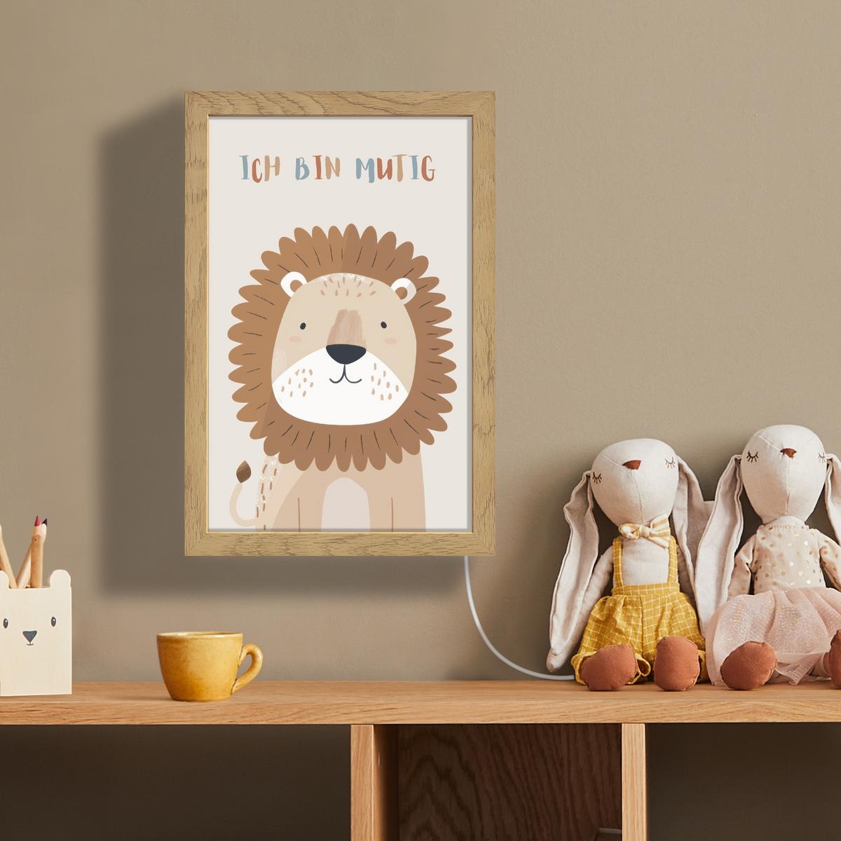 WANDLEUCHTE Löwe - Beige - Tier - Mutig - Zitat 20x30 cm - Beige, Holzwerkstoff (20/30/8cm) - OnlyWow