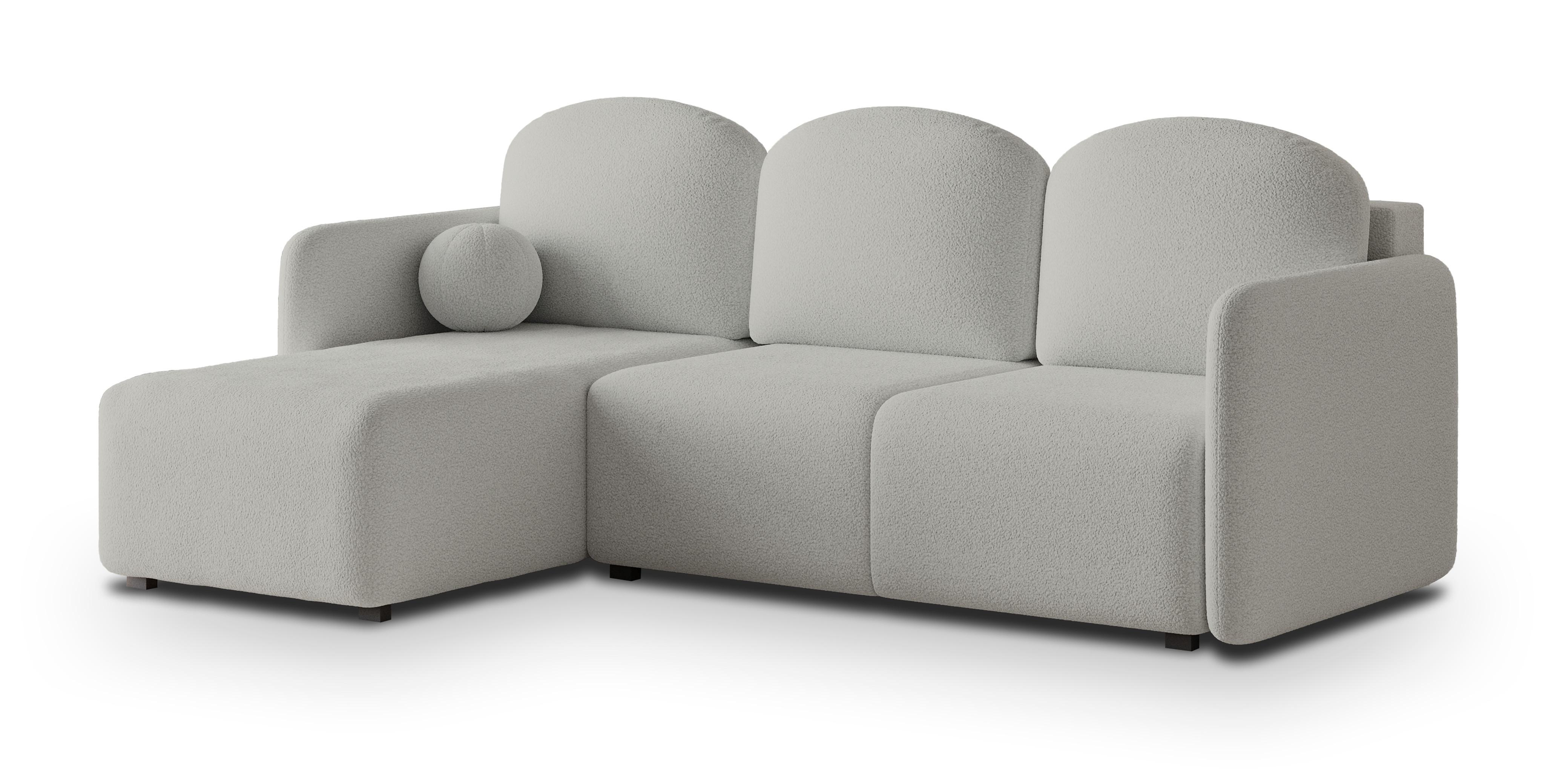 ECKSOFA SUVINO Hellgrau Boucle-Stoff mit Schlaffunktion - Hellgrau, Holz (230/143cm) - MASSENO