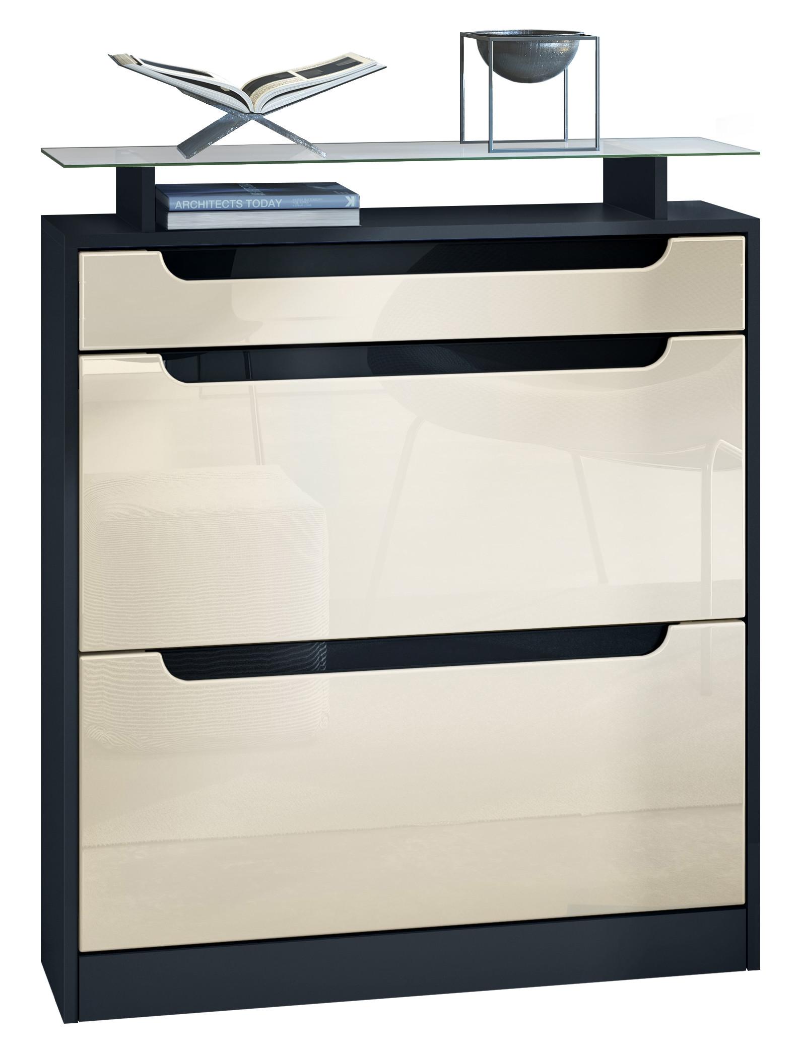 SCHUHSCHRANK Fiesta Creme Hochglanz / Schwarz Hochglanz - Creme, Holzwerkstoff (89/104/23cm) - Vladon