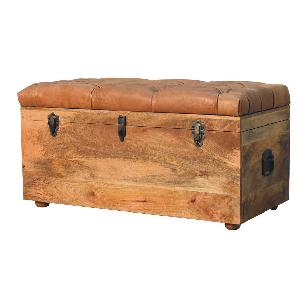 AUFBEWAHRUNGSTRUHE Büffelleder Oak-ish, Aufklappbare Aufbewahrungstruhe, Hellbraun - Hellbraun/Messingfarben, Mangoholz/Holz (90/45/45cm) - Artisan Furniture