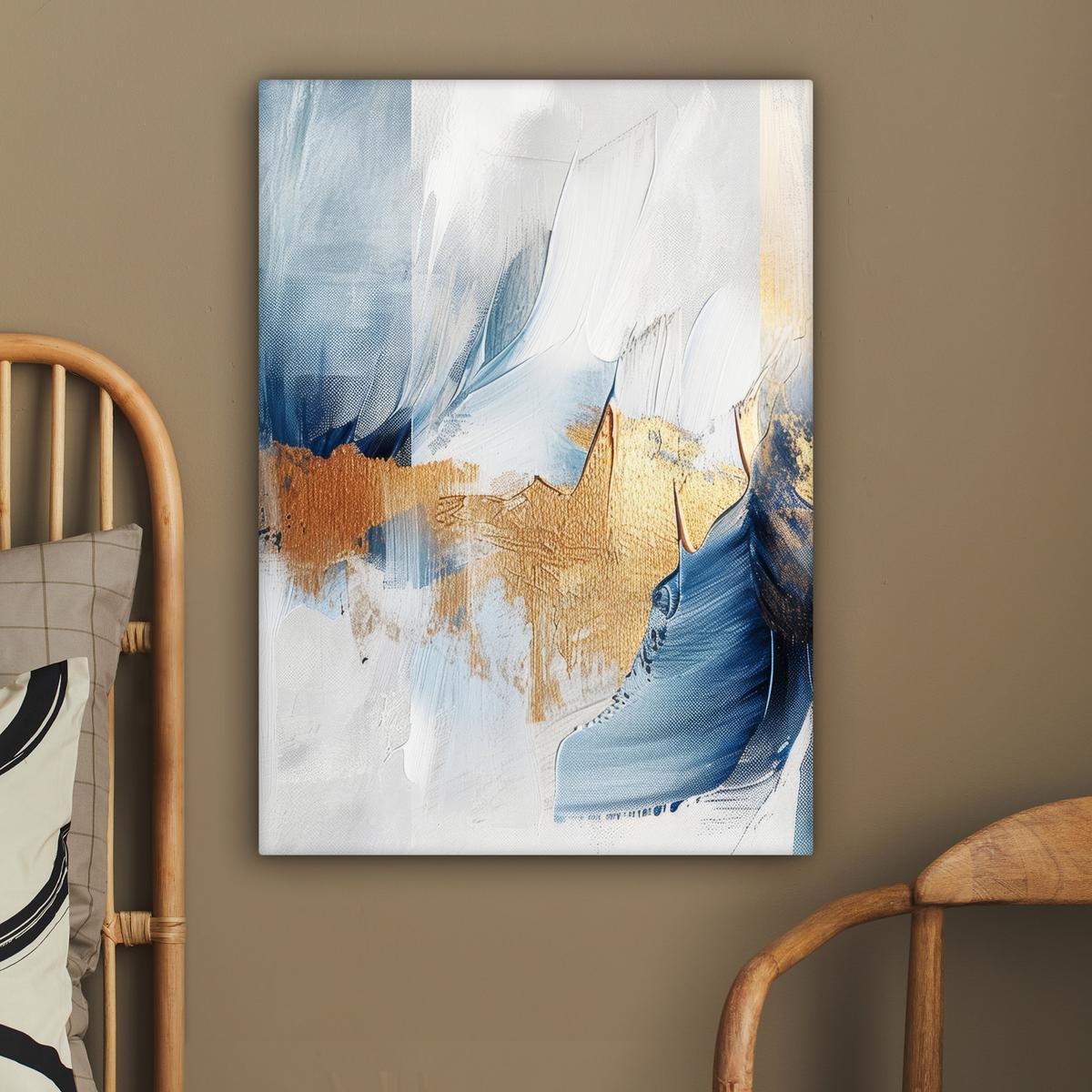 LEINWANDBILD Gold - Blau - Aquarell - Kunst - Modern Wandbild Wohnzimmer 60x80 cm - Hellblau, Textil (60/80cm) - MuchoWow