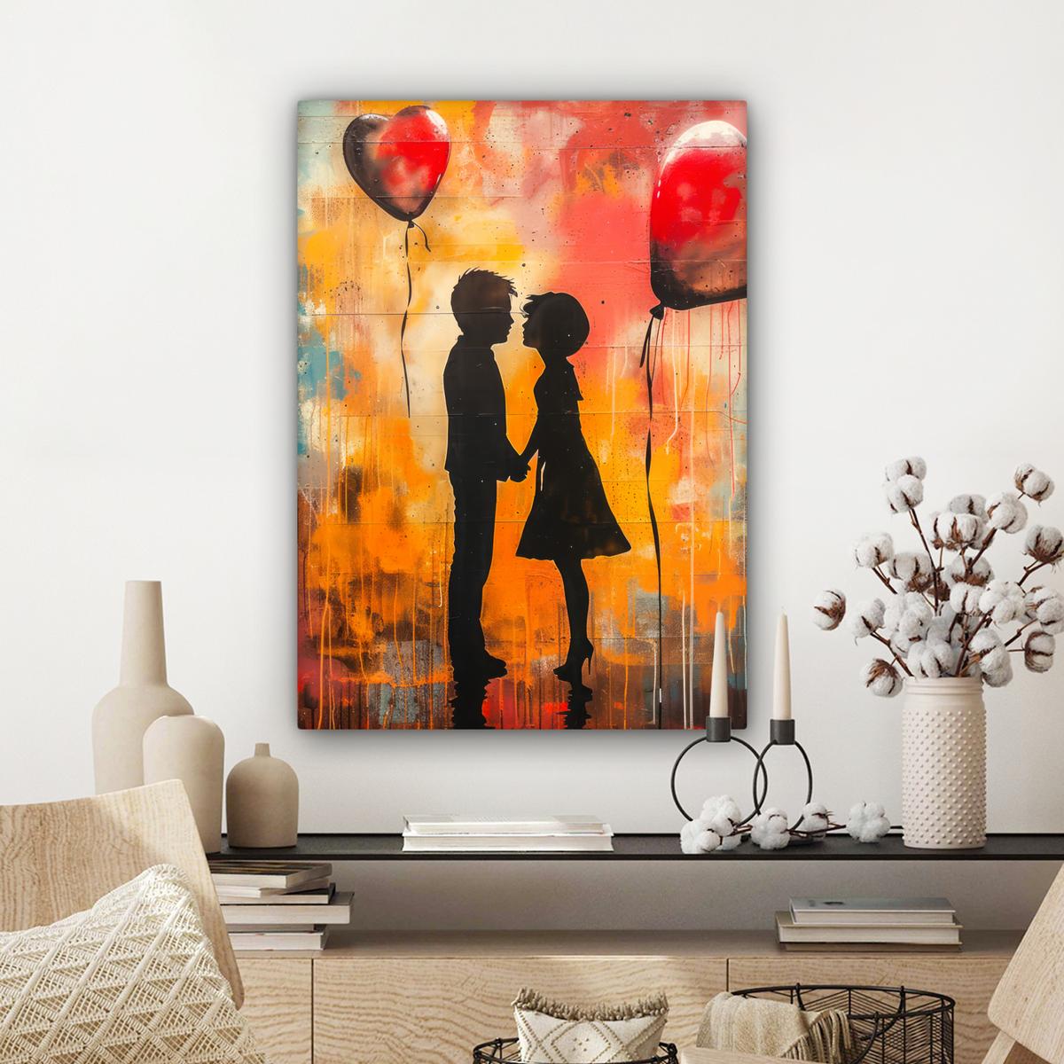 LEINWANDBILD Straßenkunst - Liebe - Graffiti - Kunst - Banksy Wandbild Wohnzimmer 60x80 cm - Orange, Textil (60/80cm) - MuchoWow