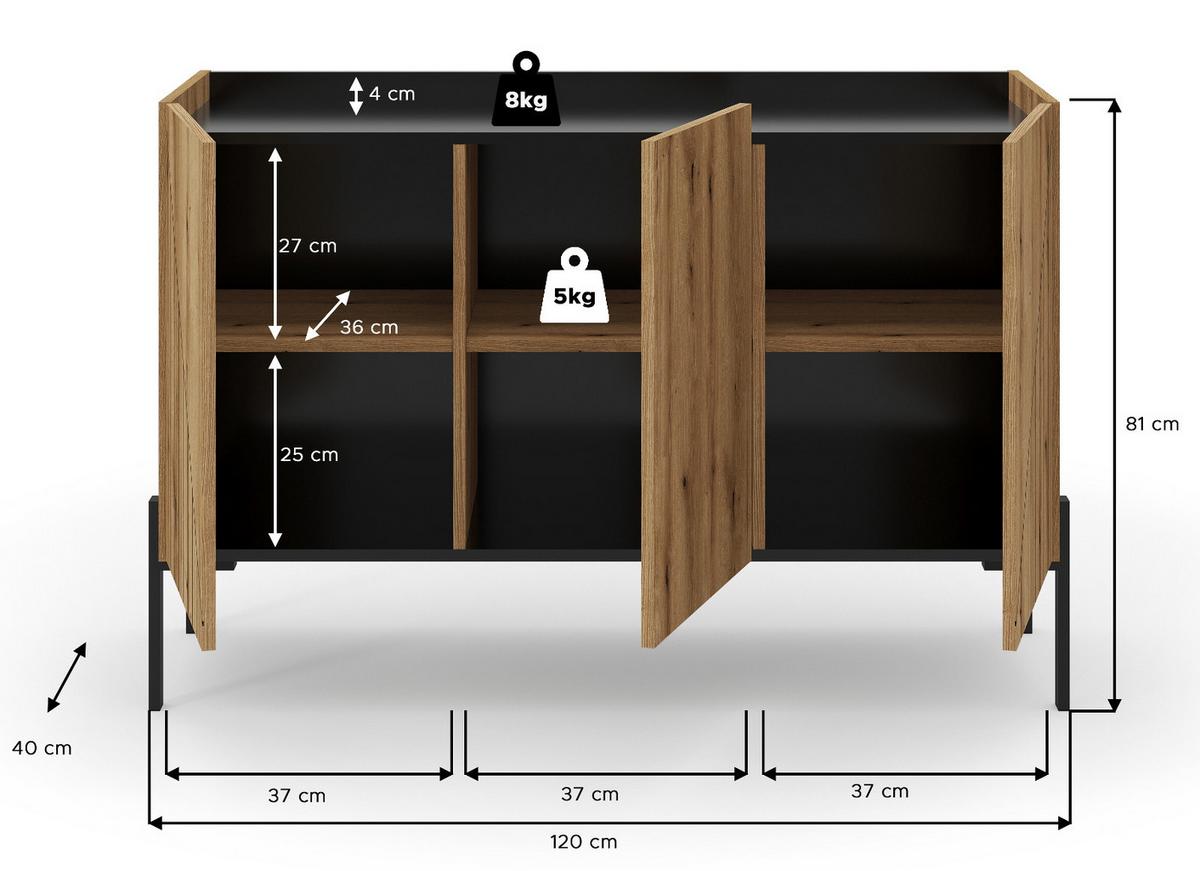 SIDEBOARD Evoke Eiche, Kommode 120 x 81 cm mit Soft-Close - Eichefarben/Schwarz, Holzwerkstoff/Metall (120/81/40cm) - Inn.Furn
