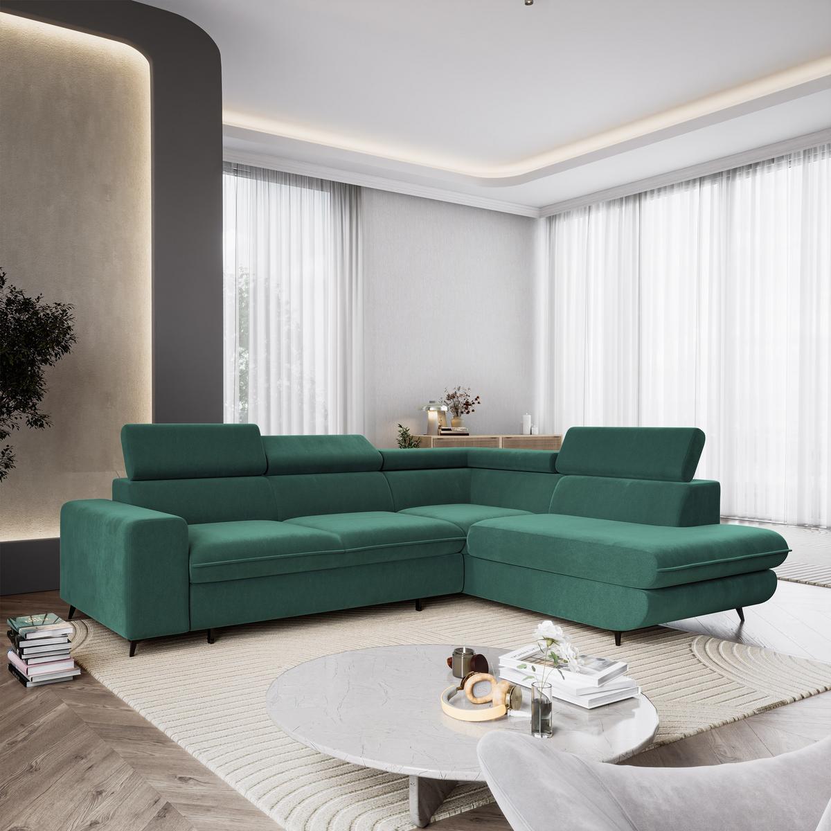 ECKSOFA VELISS Blau Veloursstoff mit Schlaffunktion - Blau, Holz (255/193cm) - MASSENO