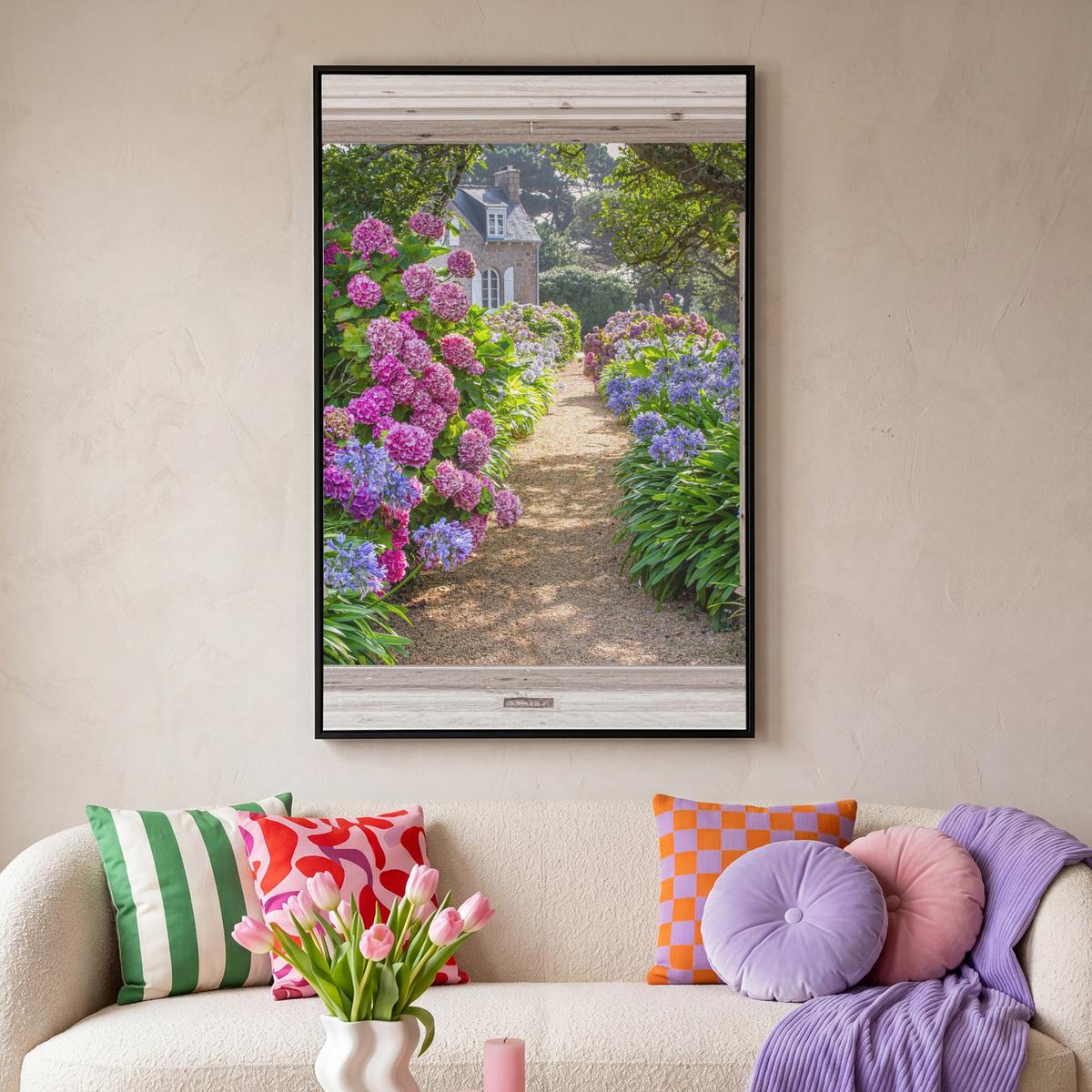 LEINWAND Bilder mit Rahmen - Hortensie - Durchsichtig - Blumen - Sommer - Lila - Weg - 80x120 - Lila, Textil (80/120cm) - MuchoWow