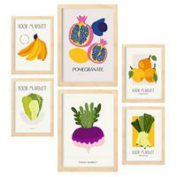 POSTER Set Mit 6 Lebensmittel Und Ernährungs Früchte Und Gemüse Natur Und Botanikdrucke Für Innenarchitektur A3 & A4 Rahmen Aus Hellem Holz - Beige, Papier (29/3cm) - Nacnic