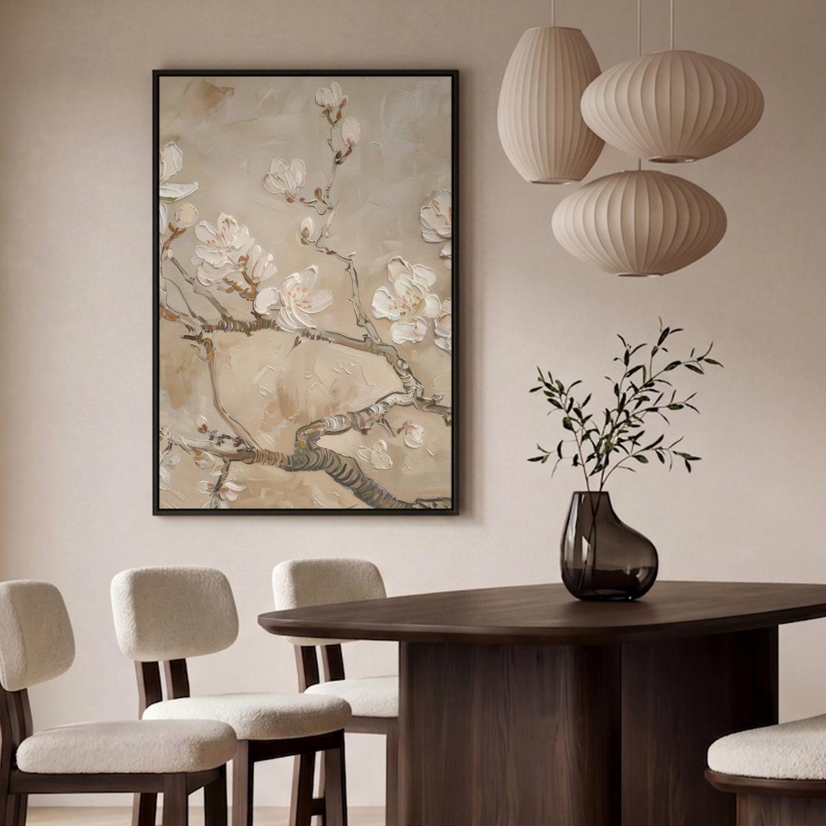LEINWAND Bilder mit Rahmen - Blumen - Modern - Beige - Weiß - Blüte - 80x120 - Beige, Textil (80/120cm) - MuchoWow