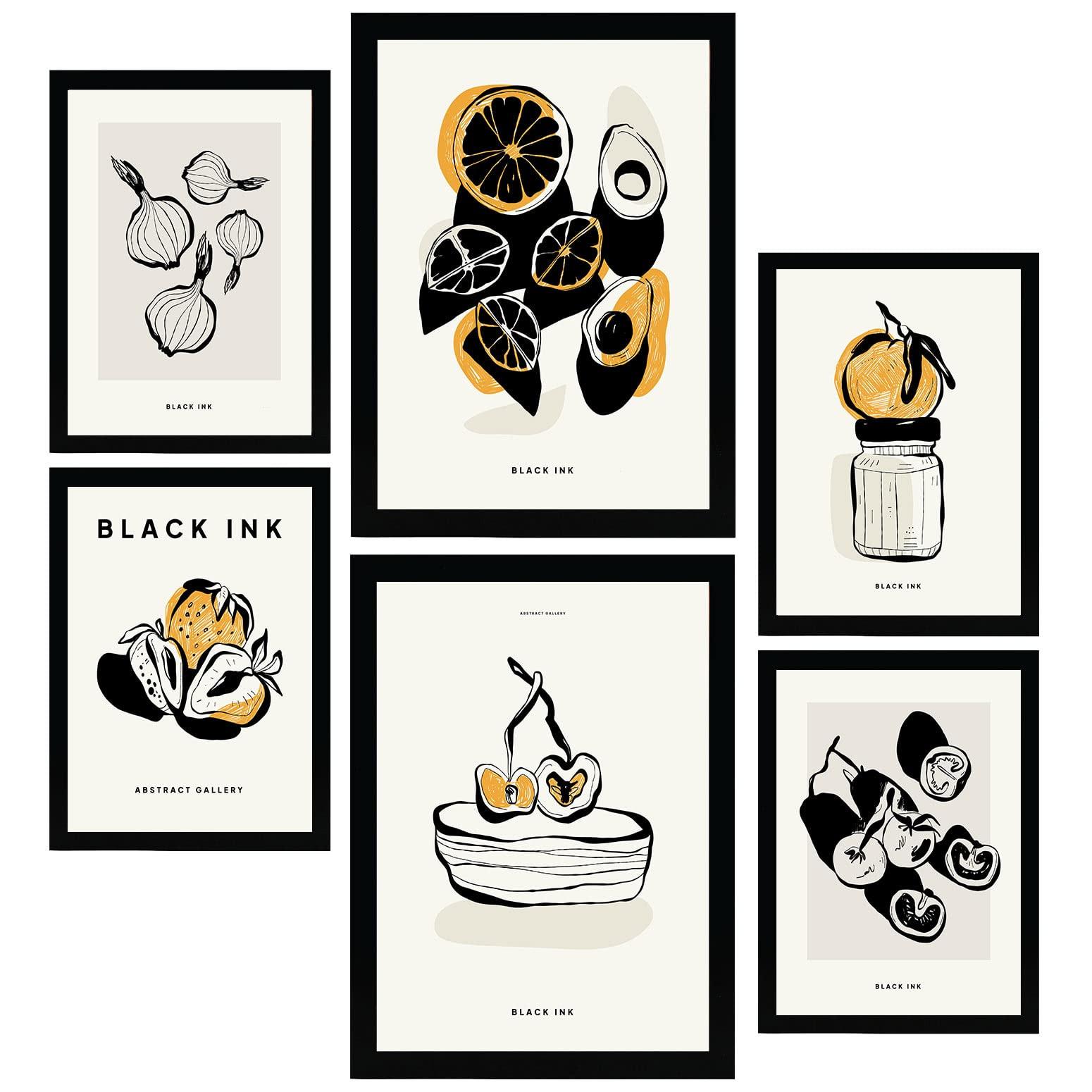 POSTER Set Mit 6 In Schwarzer Tinte Snack Künstlerische Und Abstrakte Drucke Für Innenarchitektur A3 & A4 Schwarzer Rahmen - Schwarz, Papier (29/3cm) - Nacnic