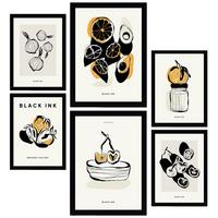 POSTER Set Mit 6 In Schwarzer Tinte Snack Künstlerische Und Abstrakte Drucke Für Innenarchitektur A3 & A4 Schwarzer Rahmen - Schwarz, Papier (29/3cm) - Nacnic
