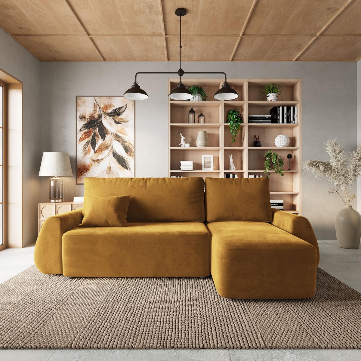 ECKSOFA GALVIS Gelb Velours-Stoff mit Schlaffunktion - Gelb, Holz (256/156cm) - MASSENO
