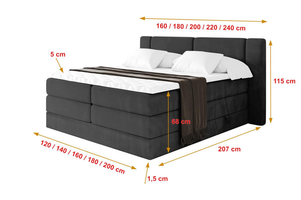 BOXSPRINGBETT mit Matratze H3/H4 - EVON KING - 180x200 cm Schwarz - Schwarz, Holzwerkstoff (180/200cm) - ALTDECOR