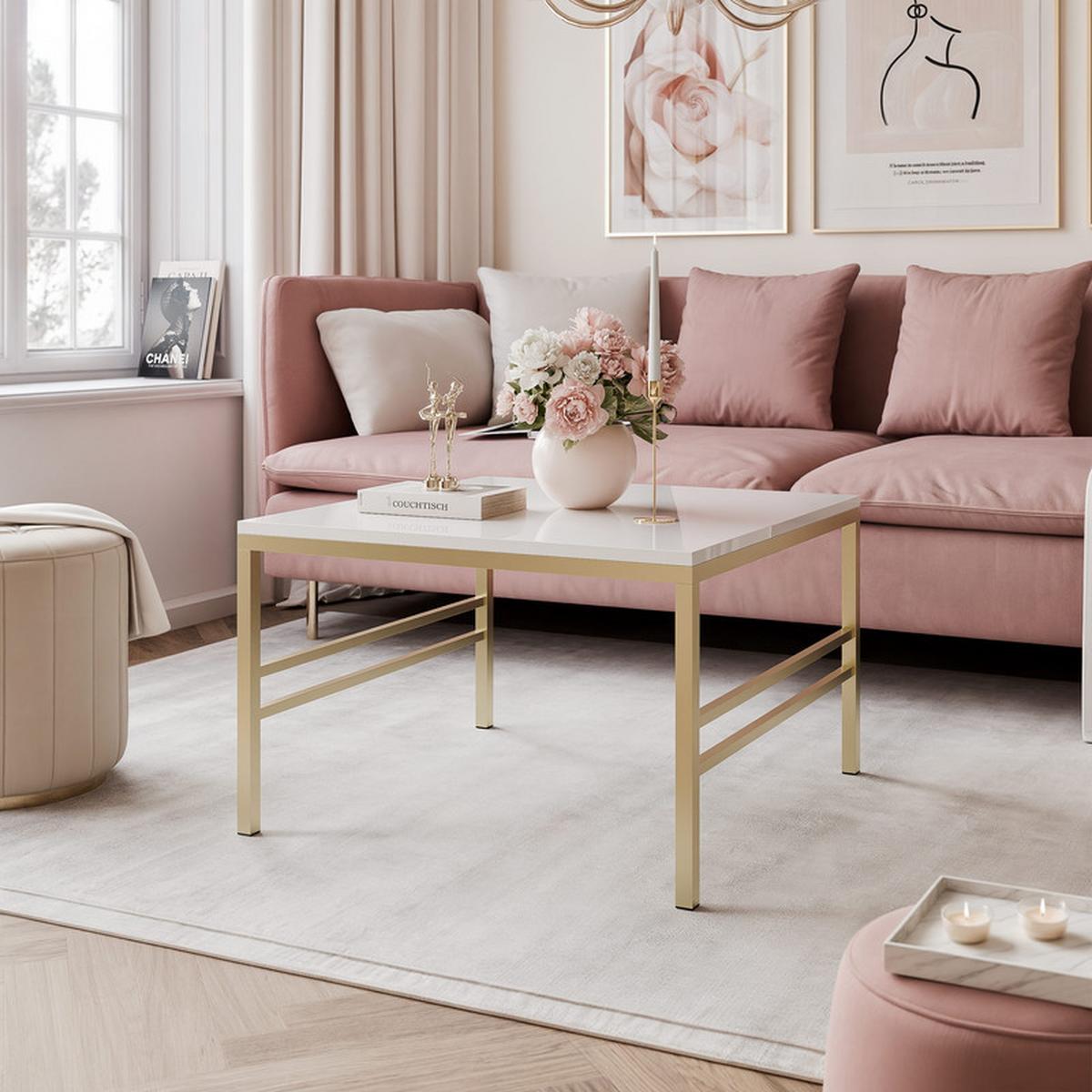 COUCHTISCH FORMA 70/70 cm Quadrat, Gold / Weiß Hochglanz - Weiß Hochglanz/Goldfarben, Metall (70/70/46cm) - Idohome