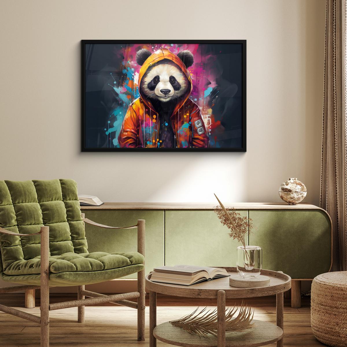 POSTER MIT RAHMENGERAHMTES BILD Panda - Jacke - Graffiti - Orange 90x60 cm - Orange, Papier (90/60cm) - MuchoWow