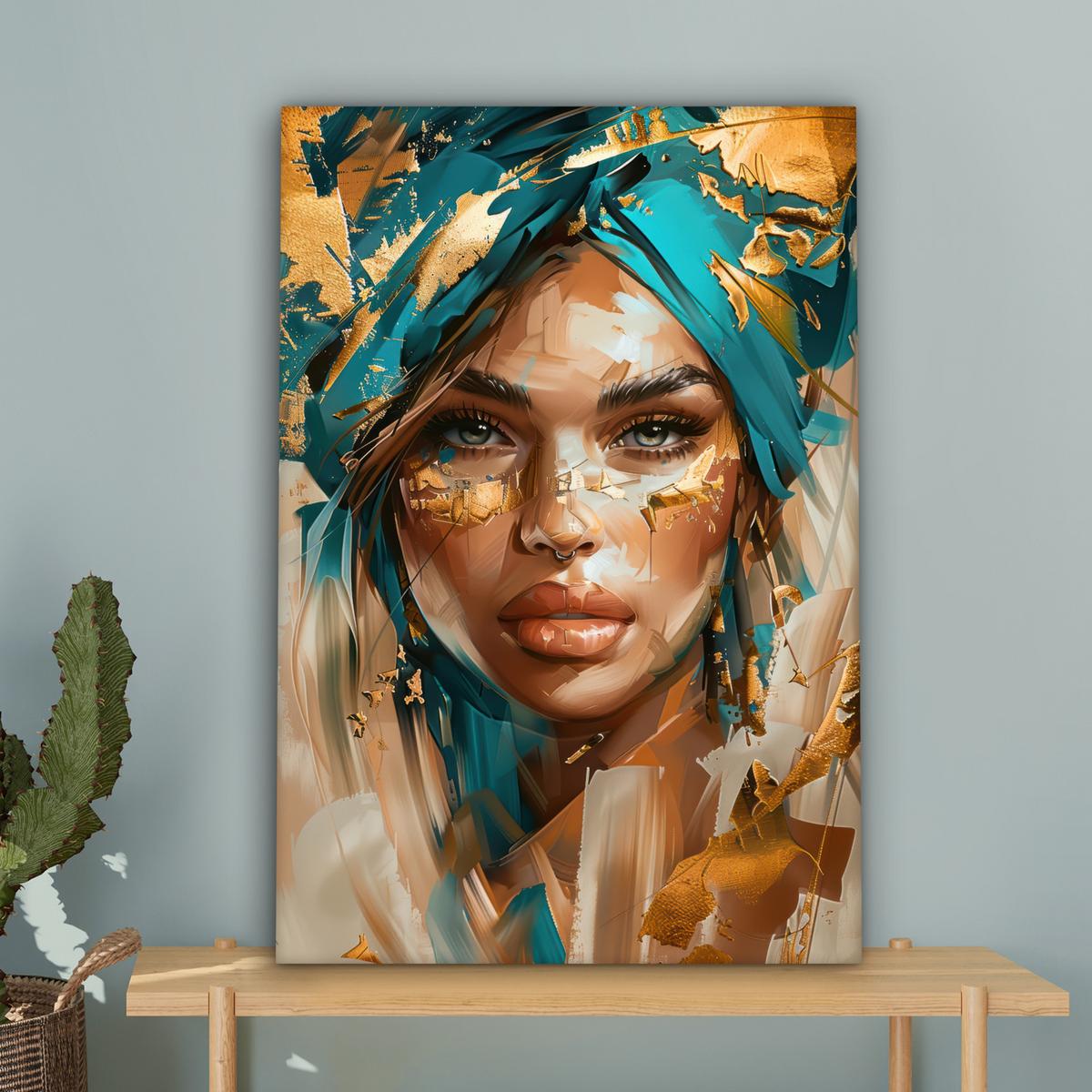 LEINWANDBILD Frau - Porträt - Gold - Luxus - Blau Wanddeko 40x60 cm - Türkis, Textil (40/60cm) - MuchoWow
