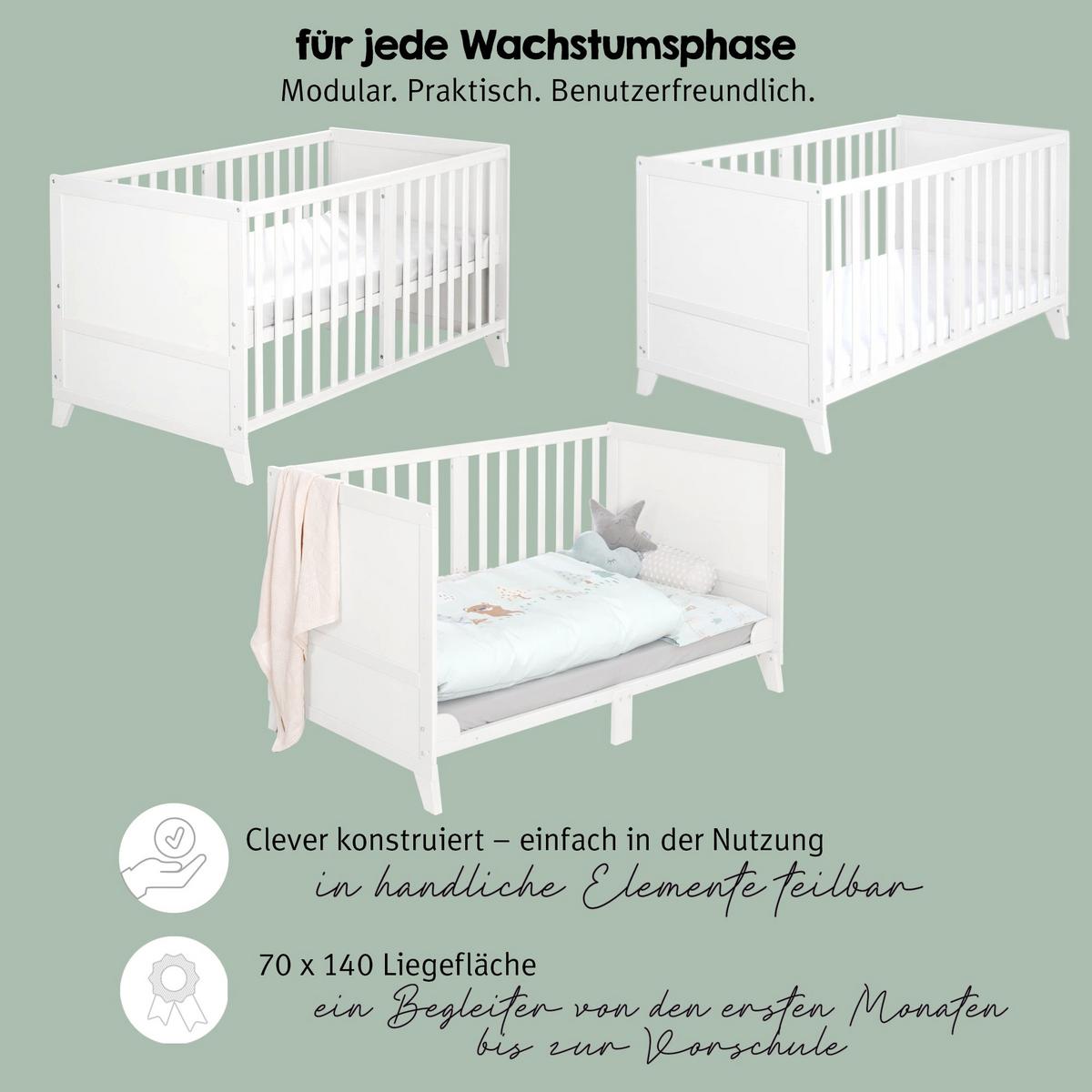 BABYBETTSET 'Wooland Buddies' 70 x 140 inkl. kompletter Ausstattung - Weiß / Pastellgrün - Weiß, Holz (70/140cm) - Roba
