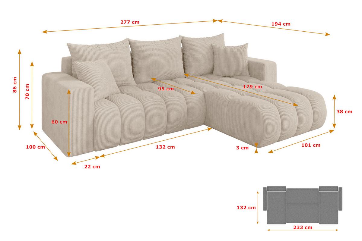 ECKSOFA mit Schlaffunktion Ottomane Rechts MILA-L-v1 277x195x86 Beige Cord - Beige/Schwarz, Holzwerkstoff/Kunststoff (277/194cm) - ALTDECOR