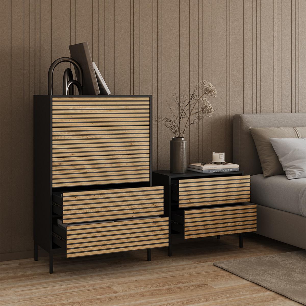 KOMMODE Aterno Goldkraft Eiche/Anthrazit 76 x 120 cm mit 5 Schubladen - Honigeiche/Anthrazit, Holzwerkstoff (76/120/40cm) - Livinity®