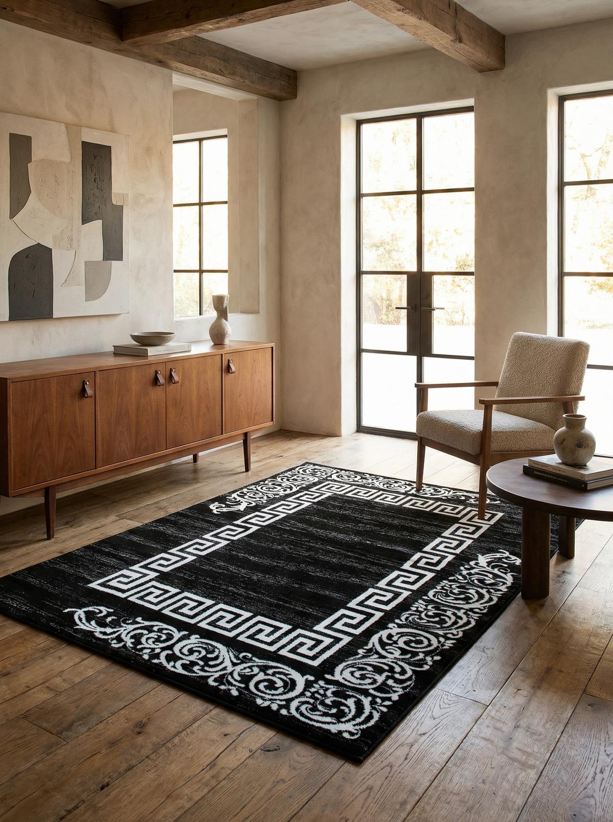 TEPPICH Kurzflor ASPEN in Schwarz, mit Mäander-Muster, 80 x 150 cm - Schwarz, Textil (150/80cm) - KADIMA DESIGN