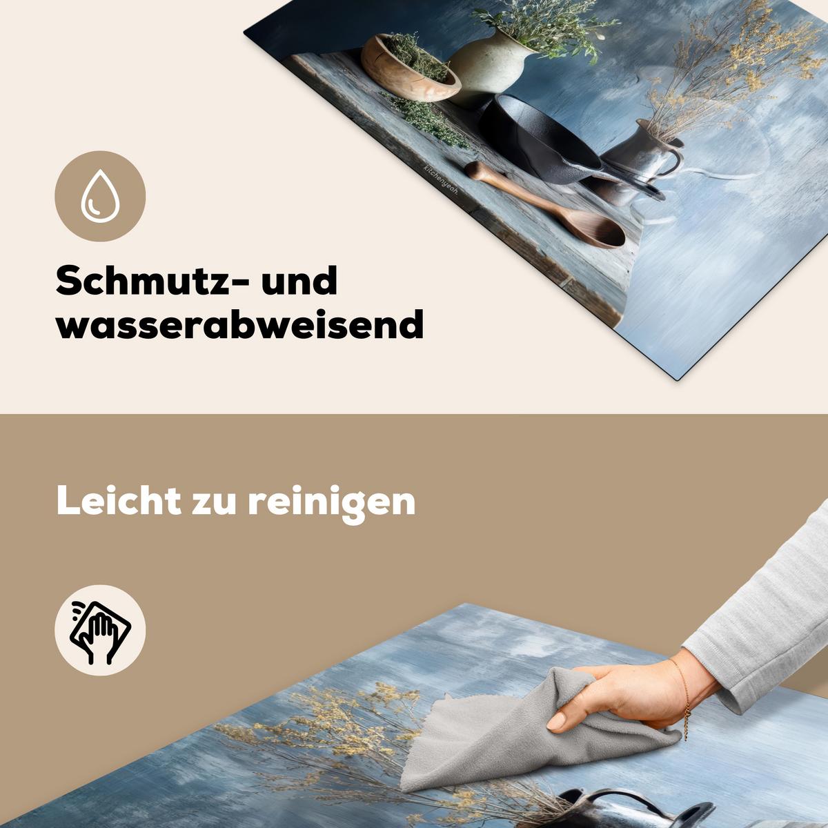 HERDABDECKPLATTE Stilleben - Kräuter - Rustikal Ceranfeldabdeckung 78x52 cm - Blaugrau, Kunststoff (78/52/0.2cm) - MuchoWow