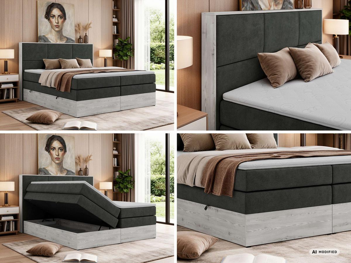BOXSPRINGBETT DELNOR KING 200/200 - Dunkelgrau Stukture - Topper Visco - H4 - Dunkelgrau/Schwarz, Kunststoff/Textil (200/200cm) - MKS