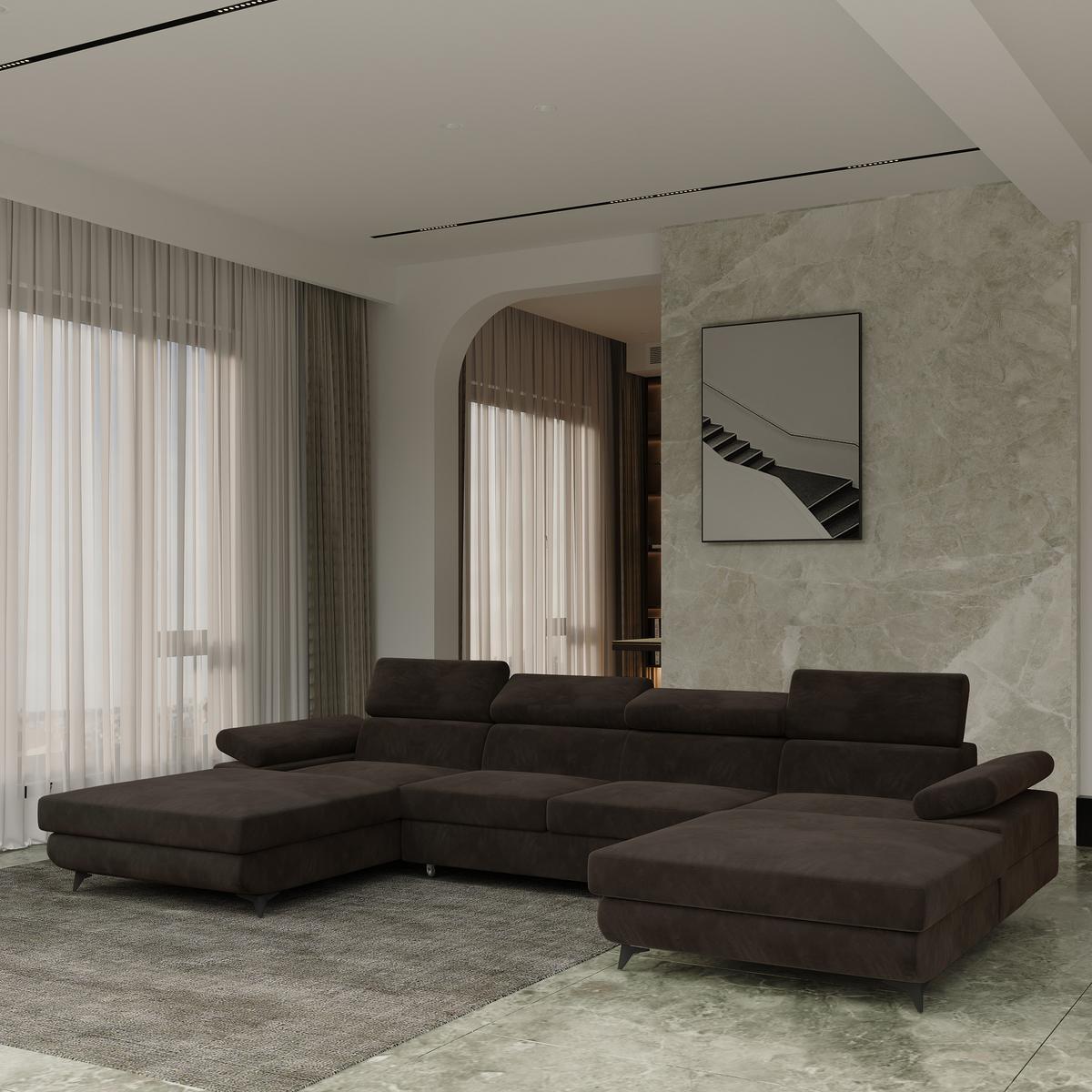 WOHNLANDSCHAFT DETTI Braun Velours-Stoff mit Schlaffunktion - Braun, Holz (339/89/190cm) - MASSENO
