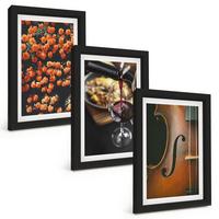 BILDER SET 3er Set - 20x30 cm Schwarzer Rahmen - Vintage Blumen Wein Geige - Schwarz, Kunststoff (20/30cm) - TULUP