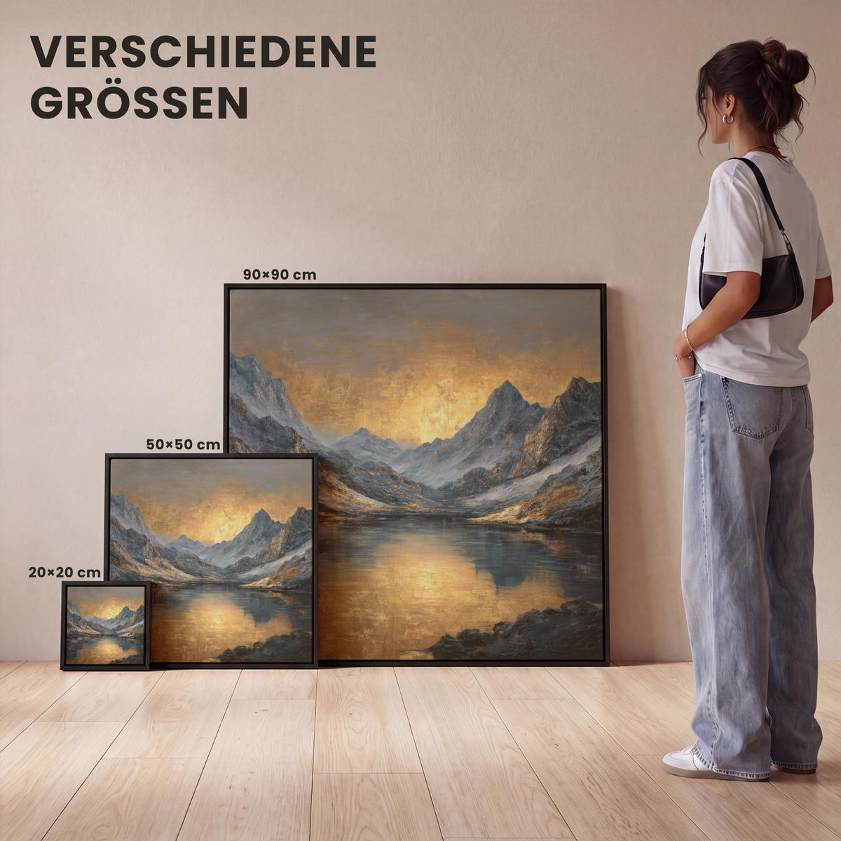 LEINWAND Bilder mit Rahmen - Bergkulisse mit goldenem Sonnenuntergang - 20x20 - Goldfarben, Textil (20/20cm) - MuchoWow