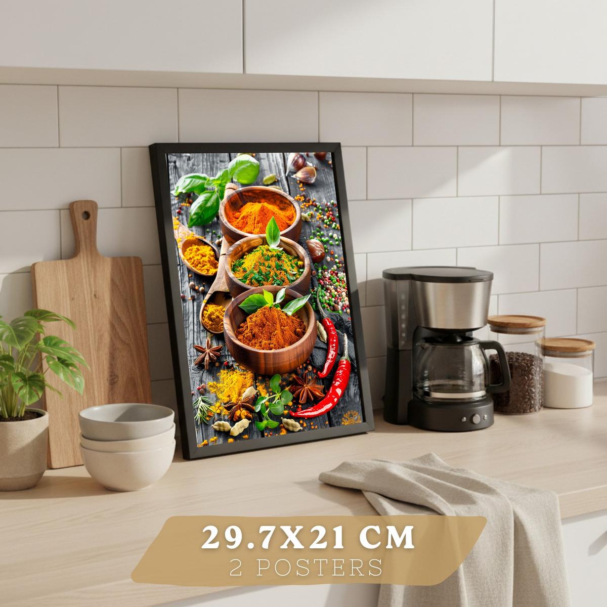 POSTER 2er Set Küchen-Wandbilder Cocktail Aperol und Gewürze Warme Farbtöne Esszimmer Wanddeko Schwarzer Rahmen A4 - Schwarz, Papier (29.7/1/21cm) - Nacnic