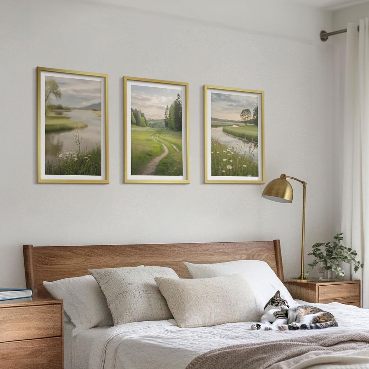BILDER SET 3er Set - 40x60 cm Goldrahmen - Sommerliche Flusswiesen voller Blumen - Goldfarben, Kunststoff (40/60cm) - TULUP
