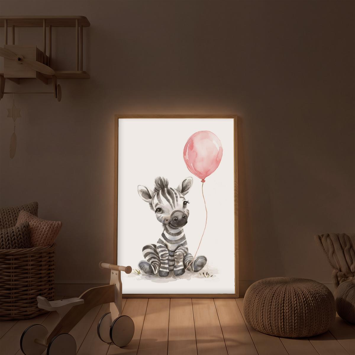NACHTTISCHLAMPE MIT AKKU Zebra - Baby - Tiere - Rosa Luftballon 60x90 cm - Weiß, Holzwerkstoff (8/60/90cm) - OnlyWow