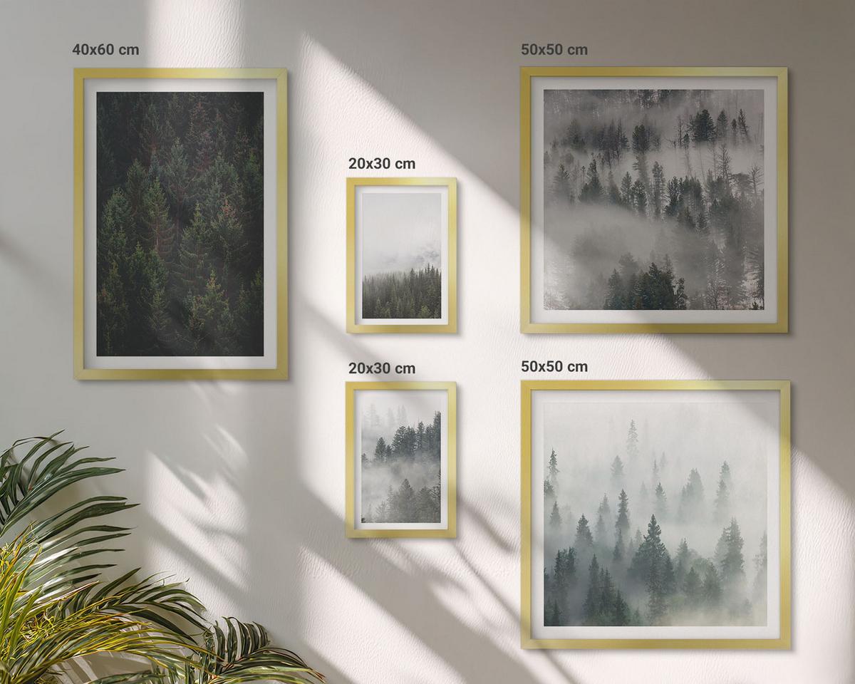 BILDER SET 5er Set - 50x50 cm & 20x30 cm & 40x60 cm Goldrahmen - Grüne Wälder, neblige Landschaft - Goldfarben, Kunststoff (40/60cm) - TULUP