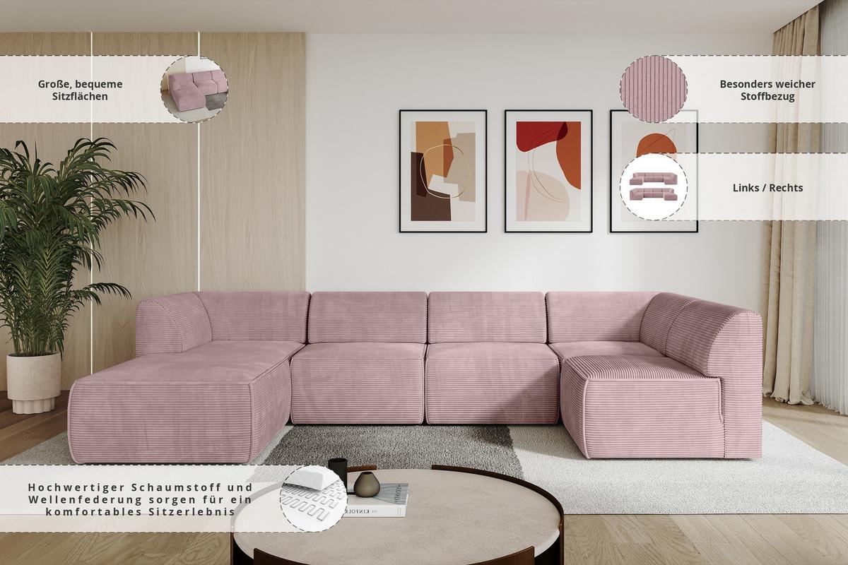 WOHNLANDSCHAFT Ottomane Links MOVO-L 345x180x78 cm Rosa Cord - Rosa, Holzwerkstoff/Kunststoff (345/78/180cm) - ALTDECOR