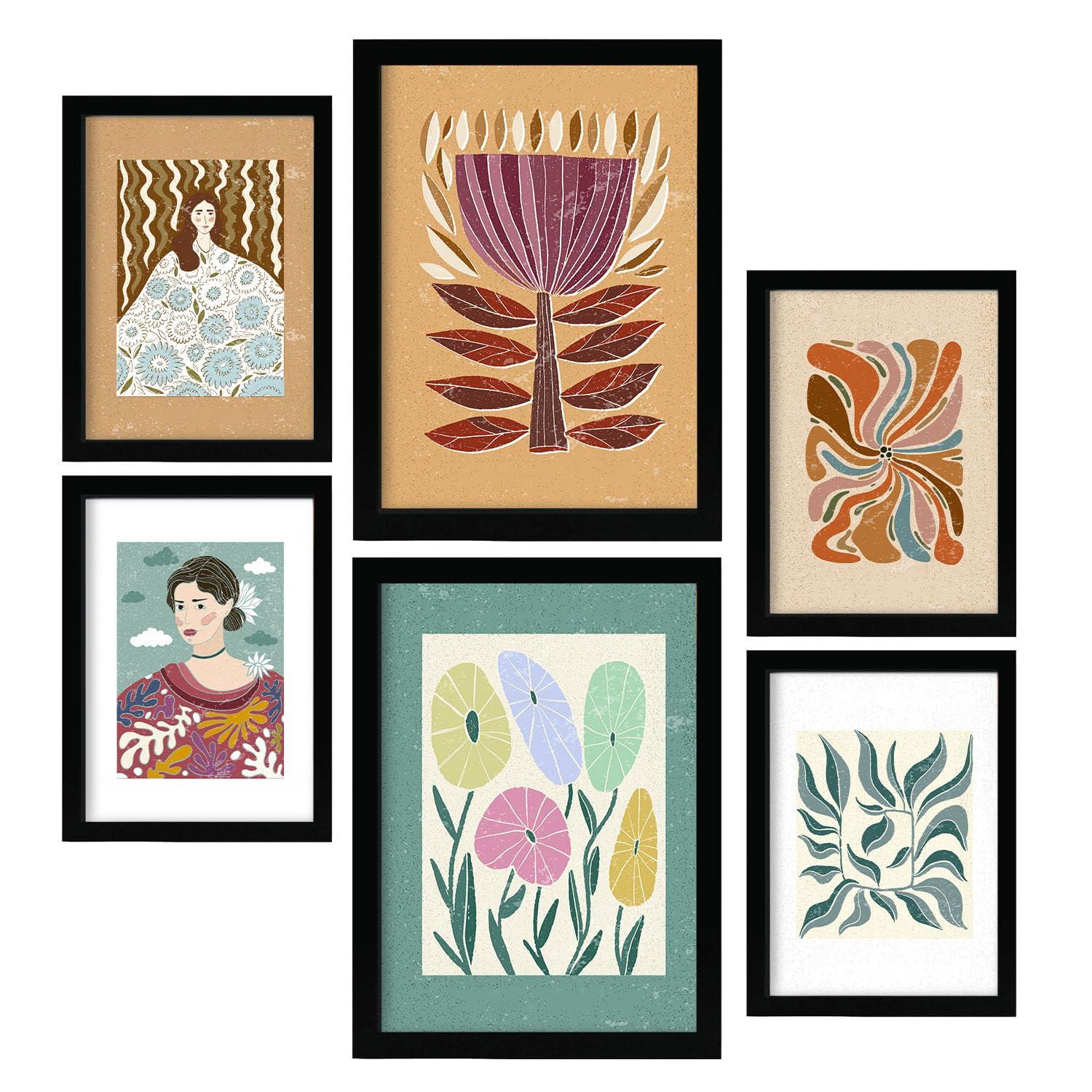 POSTER Set Mit 6 Drucken Von Blumen In Der Sammlung Ethnischere A3 & A4 Rahmenlos - Klar, Papier (29/3cm) - Nacnic