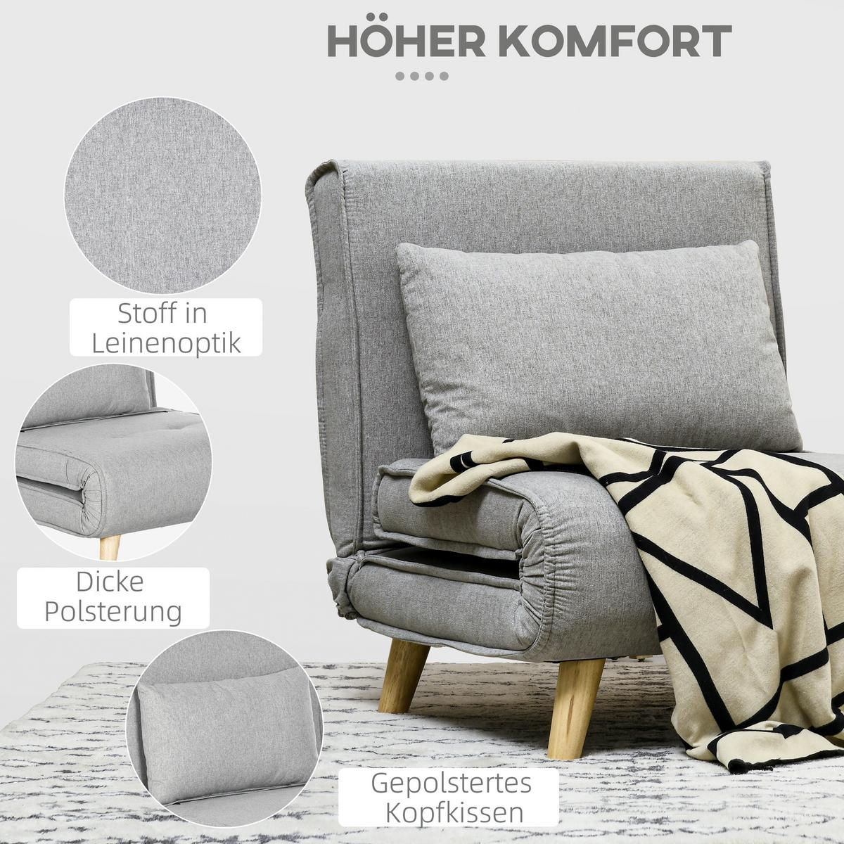 SCHLAFSESSEL, Klappbett mit Bettfunktion, Lendenkissen, für Wohnzimmer Hellgrau - Hellgrau/Naturfarben, Holz/Textil (78/79/72cm) - HOMCOM