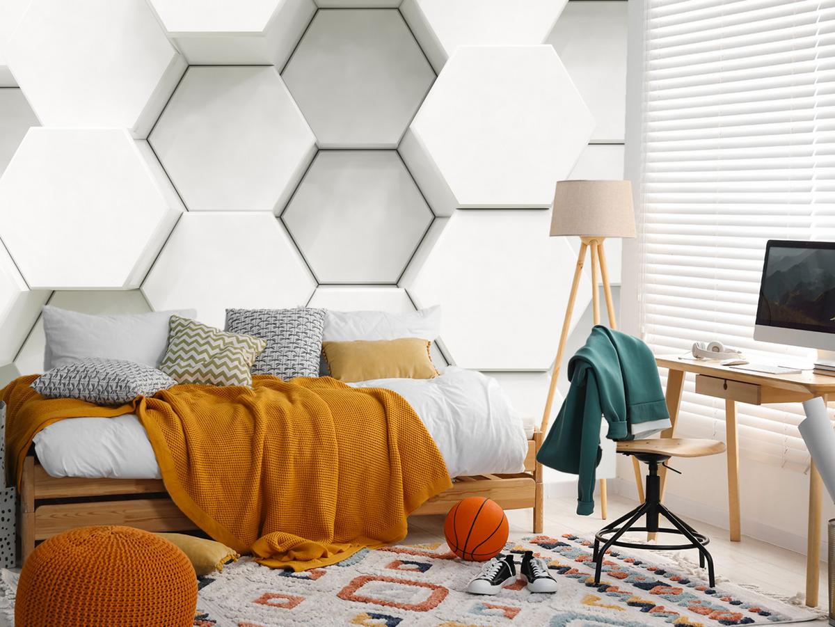 FOTOTAPETE für Wohnzimmer Hexagone Formen Geometrie 200x140 - Weiß/Grau, Papier (200/140cm) - Muralo