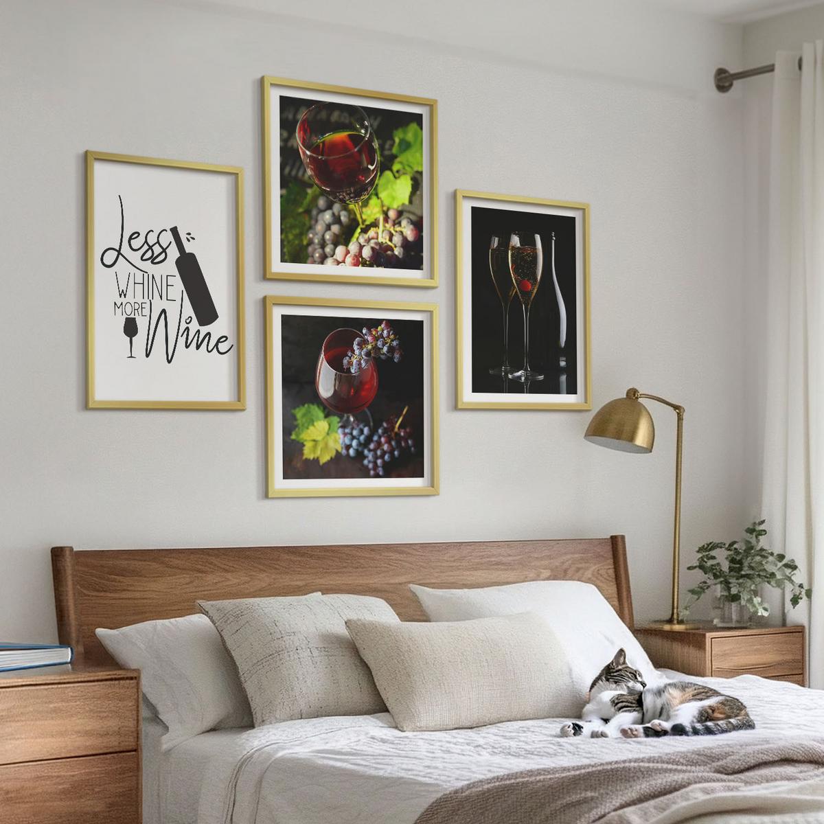 BILDER SET 4er Set - 50x50 cm & 40x60 cm Goldrahmen - Weingläser mit Trauben und Inschrift - Goldfarben, Kunststoff (50/50cm) - TULUP