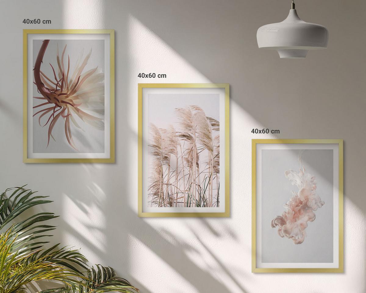 BILDER SET 3er Set - 40x60 cm Goldrahmen - Set aus Gras, Blumen und hellem Hintergrund - Goldfarben, Kunststoff (40/60cm) - TULUP