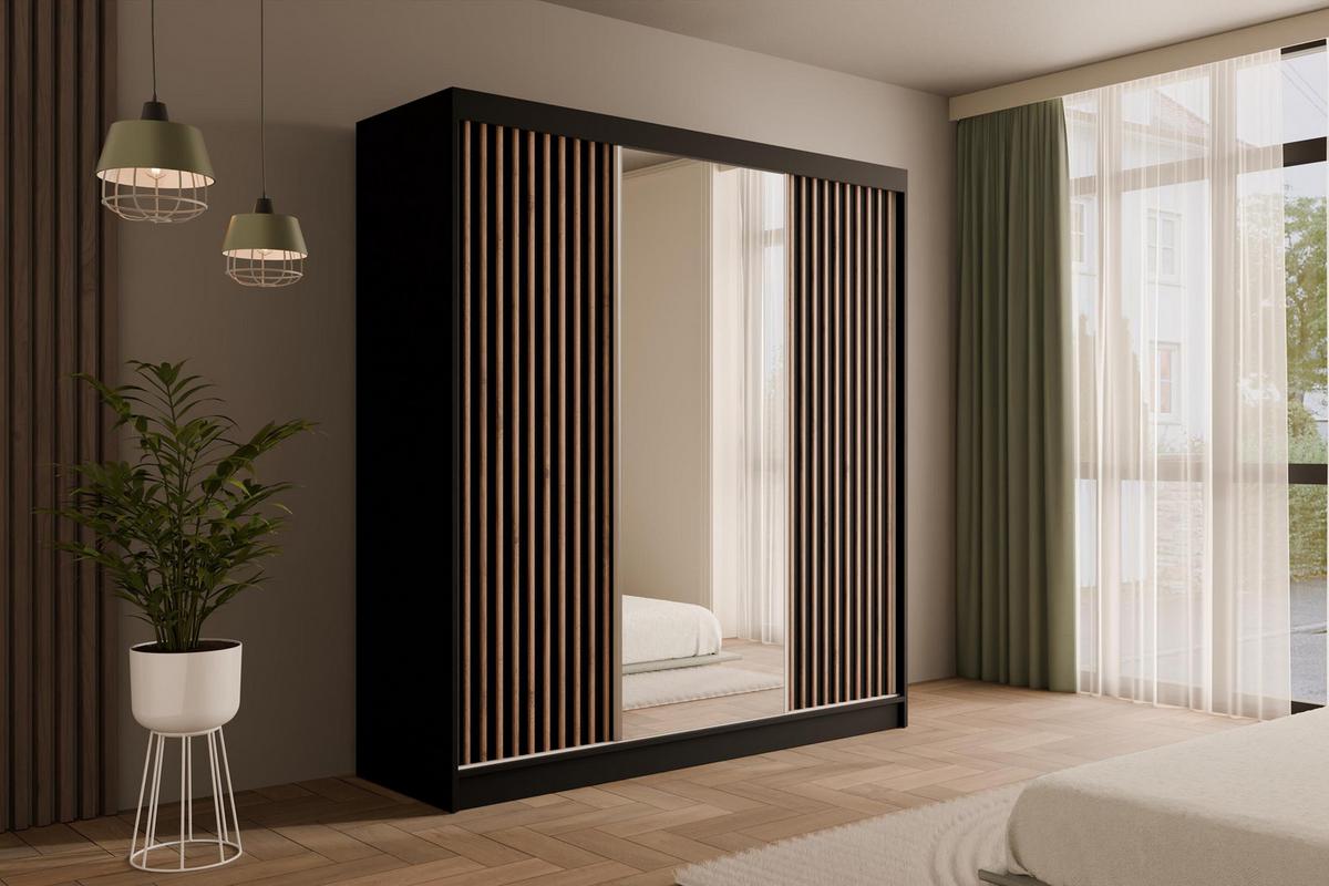 KLEIDERSCHRANK mit Spiegel V2-ZENTI 215x200 cm Schwarz - Schwarz, Holzwerkstoff (200/215/61cm) - ALTDECOR