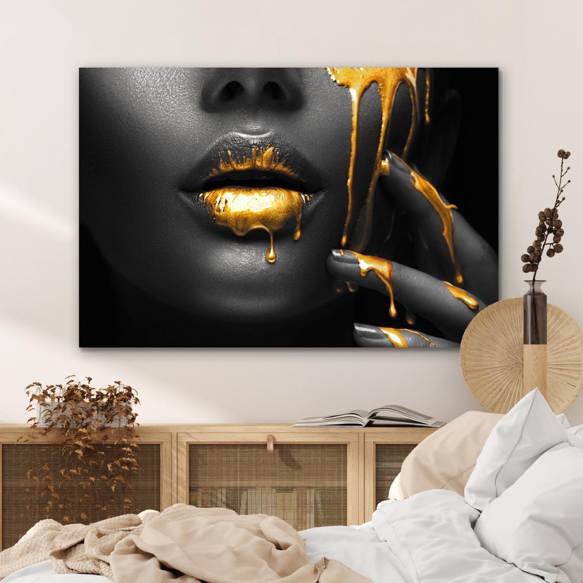 METALLBILD Frau - Schwarz - Gold - Gesicht - Lippen Deko Groß 120x80 cm - Goldfarben, Metall (120/80cm) - MuchoWow