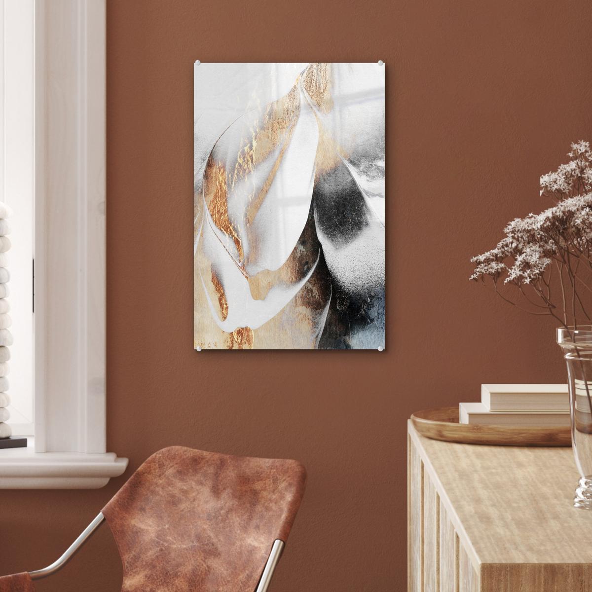 ACRYLGLASBILD Luxus - Abstrakt - Gold - Weiß Wanddeko Wohnzimmer 40x60 cm - Goldfarben, Glas (40/60cm) - MuchoWow