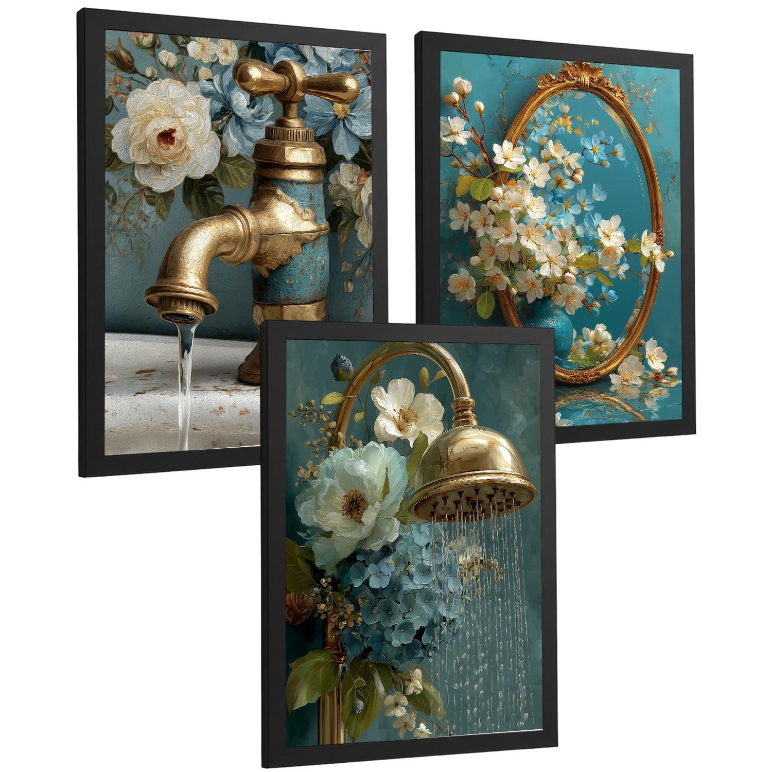 POSTER 3er-Set dekorative Badezimmer-Poster, elegante für Wand, Waschbecken, Dusche, mit Armatur, Spiegel und goldener Dusche Schwarzer Rahmen A3 - Schwarz, Papier (42/29.7/3cm) - Nacnic