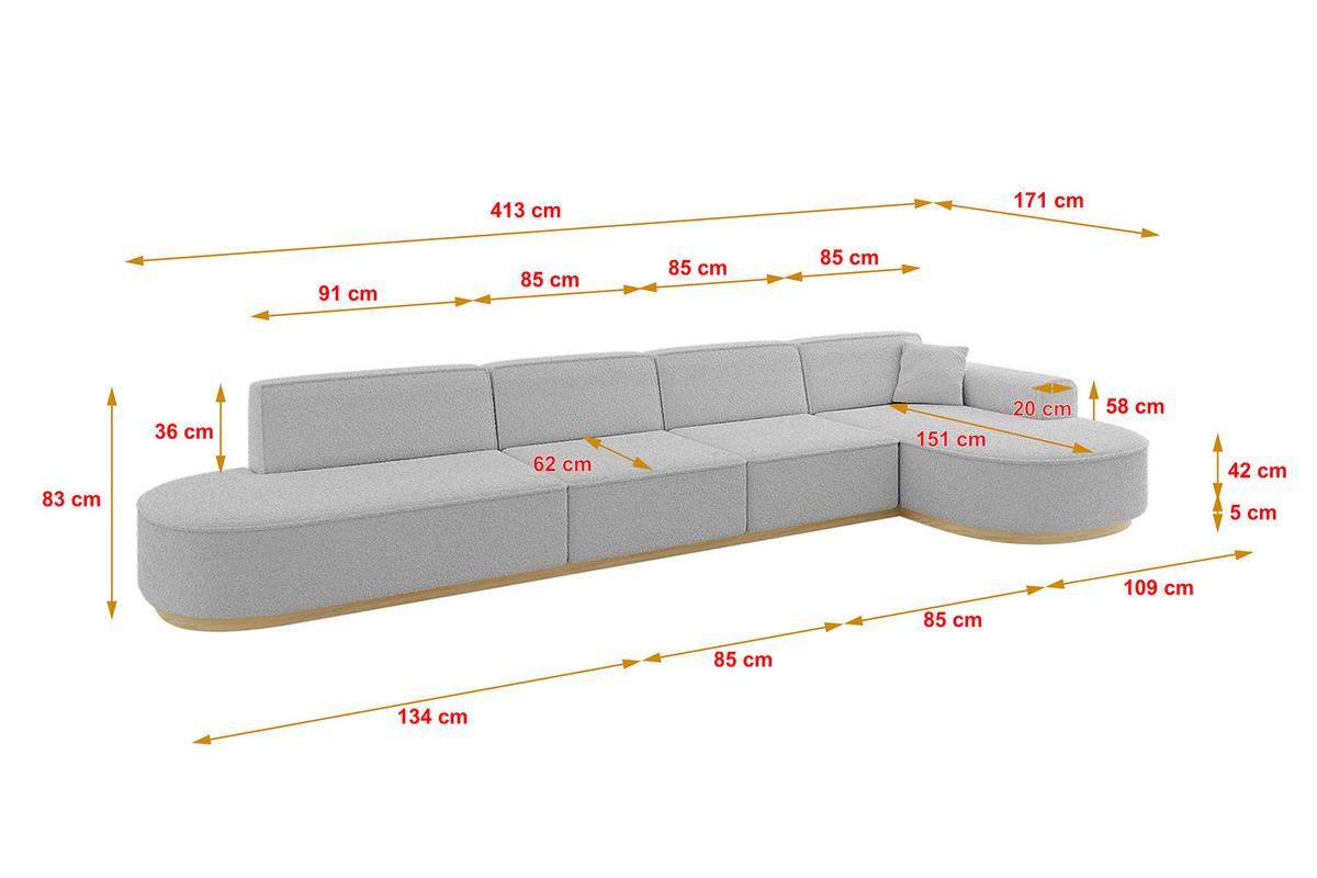 ECKSOFA Ottomane Rechts MARI-L3-v2 - 413x171x83 cm Hellgrau Bouclé - Hellgrau, Holzwerkstoff/Textil (171/413cm) - ALTDECOR