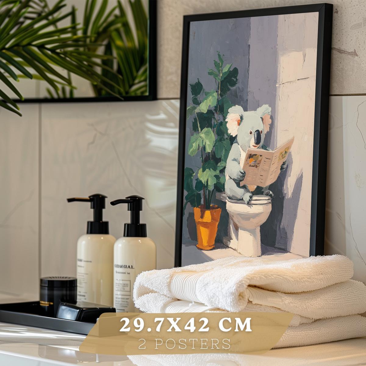 POSTER 2er-Set dekorative Badezimmer-Kunstdrucke und lustige für Wand, Toilette mit lesenden Tieren im Badezimmer, Stil Schwarzer Rahmen A3 - Schwarz, Papier (42/29.7/3cm) - Nacnic